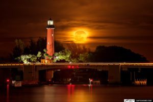Burning Moonrise at Jupiter Inlet Lighthouse Florida